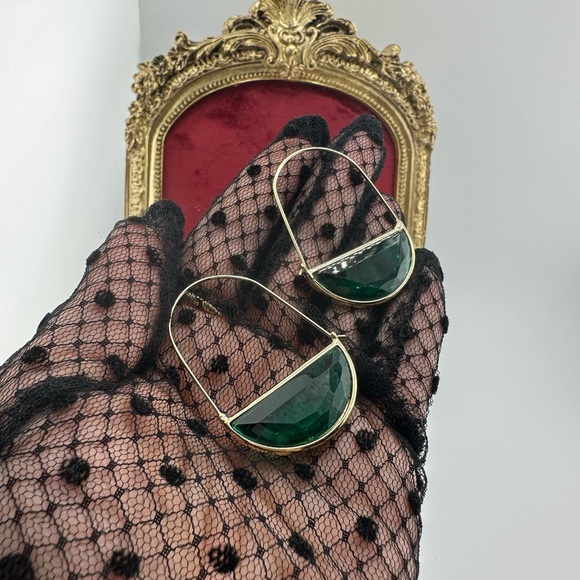 Anthropologie Crescent Elegant Gold Green Hoop Earrings - Picture 10 of 11
